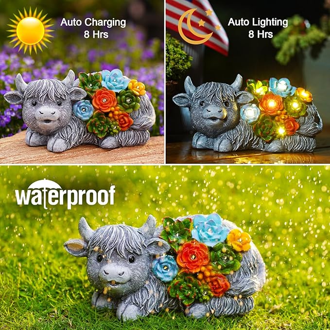 Nacome Solar Garden Statues Highland Cow with Succulent and 6 LED Lights - Lawn Decor for Patio Balcony Yard Ornaments - Birthday Gifts Mom Grandma Women(Grey)