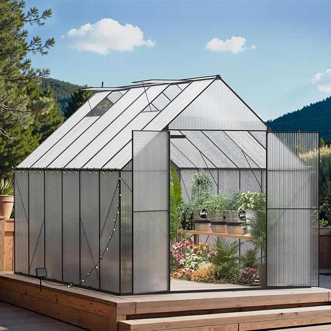 8X12 FT Greenhouses for Outdoors,Heavy Duty Polycarbonate Greenhouse, Large Walk-in Greenhouse with Roof Vent, Aluminum Hot House for Garden,Backyard