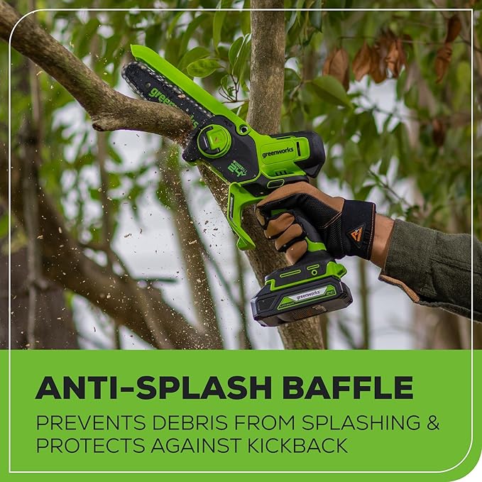 Greenworks 24V 6" Mini Chainsaw Cordless , Small Cordless Handheld Saw, 2.0Ah Battery and Charger Included, for Tree Trimming Wood Cutting, Best Gifts for Dad, Husband