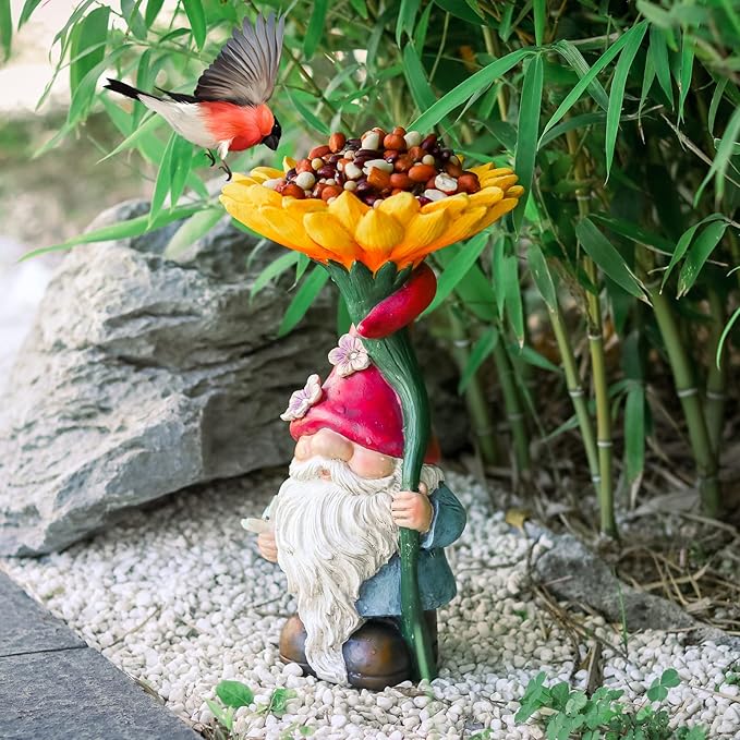 MUMTOP Garden Gnome Statue with Sunflower Bird Bath Outdoor Decor, Gnome Birdbaths Bird Feeder with Solar LED Light Waterproof Garden Sculpture for Yard Lawn Outdoor Decorations