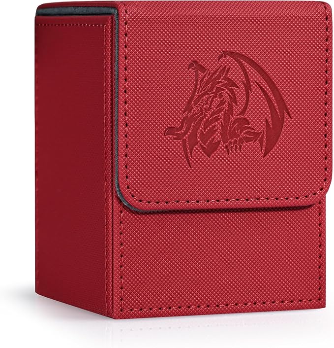 ZLCA Card Deck Box for Trading Cards with 2 Dividers, Card Storage Box Fits 100+ Single Sleeved Cards, PU Leather Strong Magnet Card Deck Case Holder for Magic Commander TCG CCG （Red,Emperor Dragon）