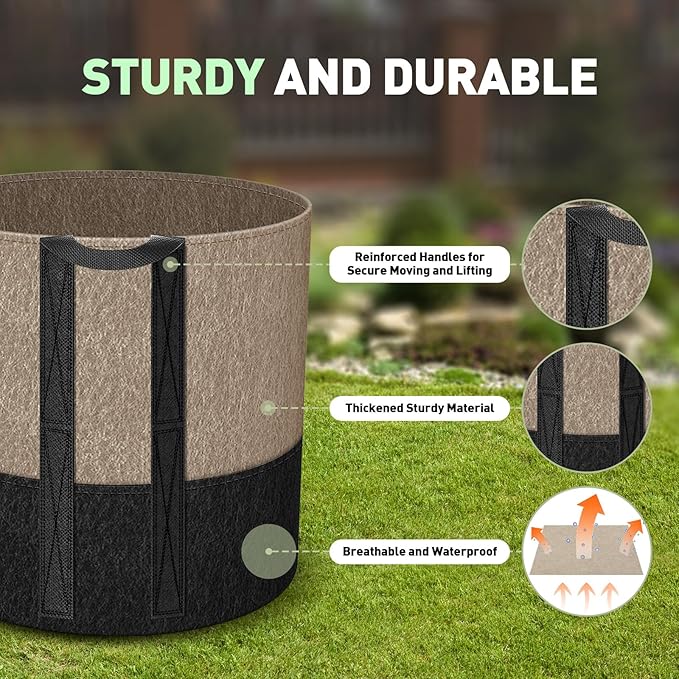 UMIG 12 Pack 20 Gallon Grow Bags, 300G Thick Non-Woven Fabric Cloth Smart Planter Pots with Handles, Black Camel Large Outdoor Garden Bags for Plants, Vegetable, Flowers