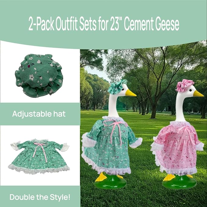 2-Pack Porch Goose Outfits for 23" Porch Goose- Lace Design Dress & Hat Set, Garden & Lawn Porch Goose Clothing for Patio Yard Lawn Decor (Green + Pink)