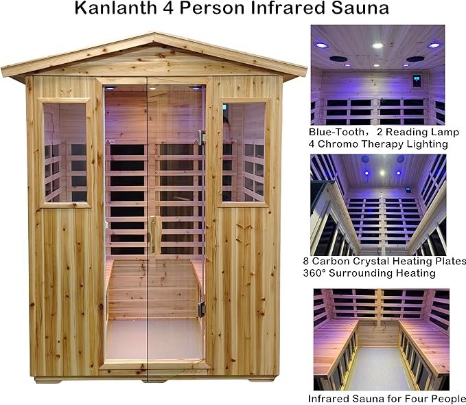 Outdoor Sauna 4 Person Infrared Saunas for Home,2050watt Canadian Hemlock Wooden Large Sauna Room with Blue-Tooth, 4 Chromo Therapy Lighting,2 LCD Control
