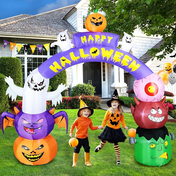 DomKom 10FT Long&8FT Tall Gaint Halloween Inflatable Decorations Arch, Build-in LED Lights Holiday Blow Up Yard Decoration for Halloween Holiday Party Outdoor，Garden Yard Lawn Decor