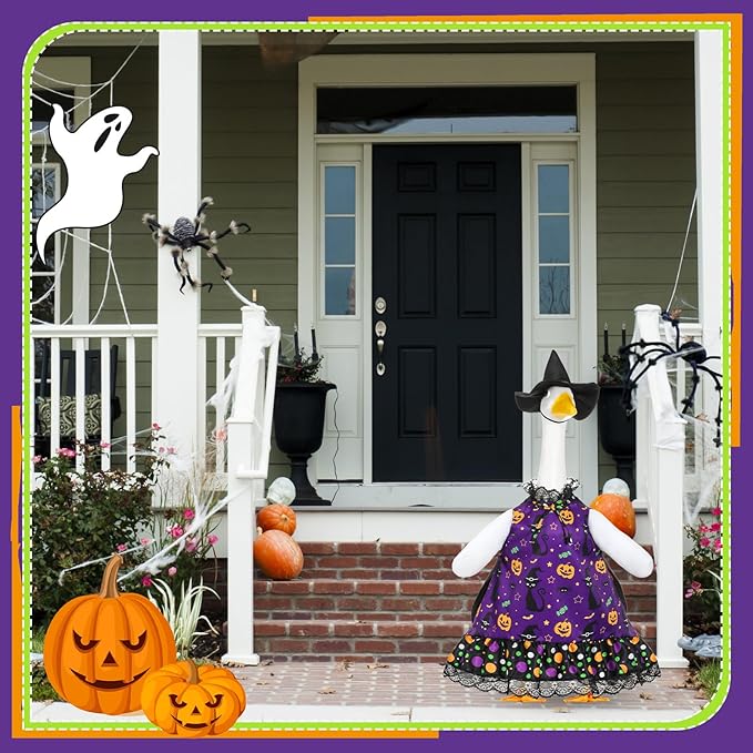 Halloween Porch Goose Outfit Set for 23'' Plastic Lawn Goose Statue Clothes Witch Skirt Halloween Costume for Outdoor Patio Yard Lawn Art Decor