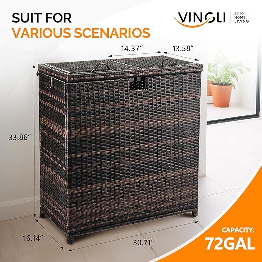VINGLI 72 Gallon Outdoor Trash Can with Convenient Lid, Rattan Garbage Container with Side Hook, Weatherproof Patio Trash Can for Graden, Yard, Patio, Brown