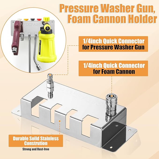 Pressure Washer Foam Cannon Holder, Power Washer Gun Snow Foam Lance 1/4" Quick Connect Tool Organizer, Wall Mounted Nozzle Tips and Wand Extension Kit Storage Rack of Car Wash Accessories