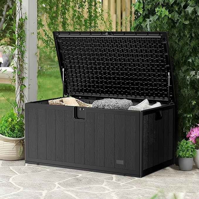 JEKO&JEKO 130 Gallon Outdoor Storage Box – Large Plastic Deck Box with Lockable Lid for Patio Furniture, Garden Supplies, and Shoes, Black