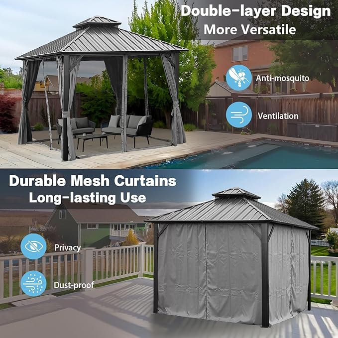 Endark 12x12FT Outdoor Hardtop Double Roof Gazebo with Galvanized Steel Roof, Heavy Duty Metal Frame Canopy with Mosquito Netting and Privacy Curtains (12 * 12FT)