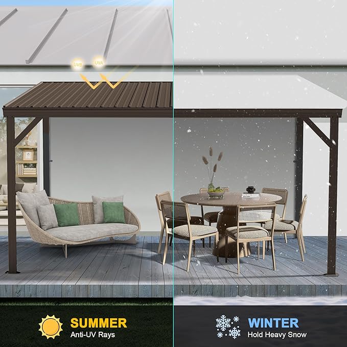 Domi 10’x12’ Lean-to Gazebo, Hardtop Wall-Mounted Gazebo Pergola with Sloping Galvanized Steel Roof and Upgraded Drainage System, Outdoor Permanent Metal Shelters for Patio Backyard Deck, Brown