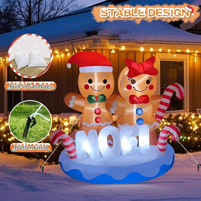 2025 Christamas Inflatable Gingerbread 6FT Gingerbread Man Couple with Candy Canes Christamas Inflatables Outdoor Decorations Xmas Blow Up Decor with Built-in 8 LEDs for Holiday Yard Garden Lawn