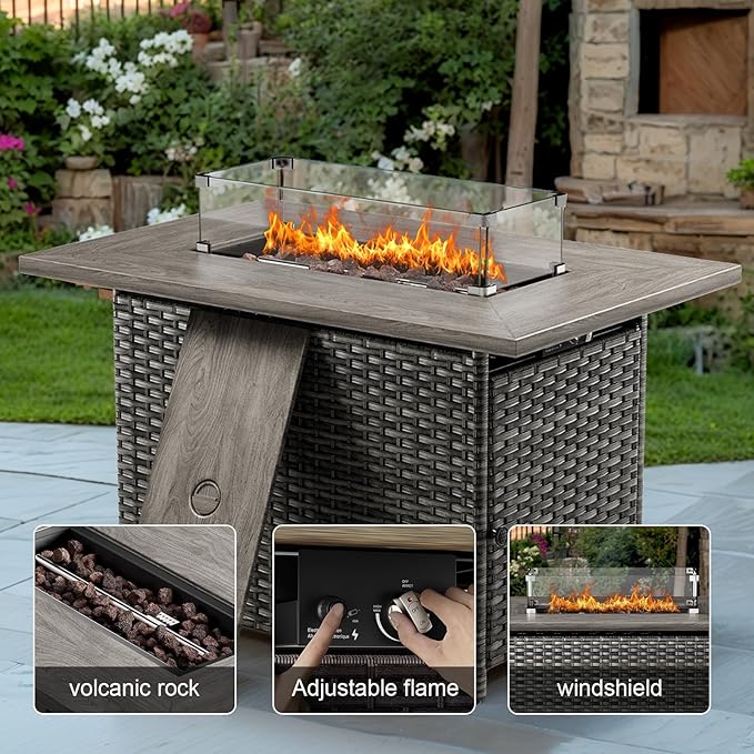 Wicker Outdoor Conversation Se with 50,000 BTU Gas Propane Fire Pit Tablet-6 Pieces Outdoor Wicker High Back Couch Patio Furniture for Deck Poolside Backyard