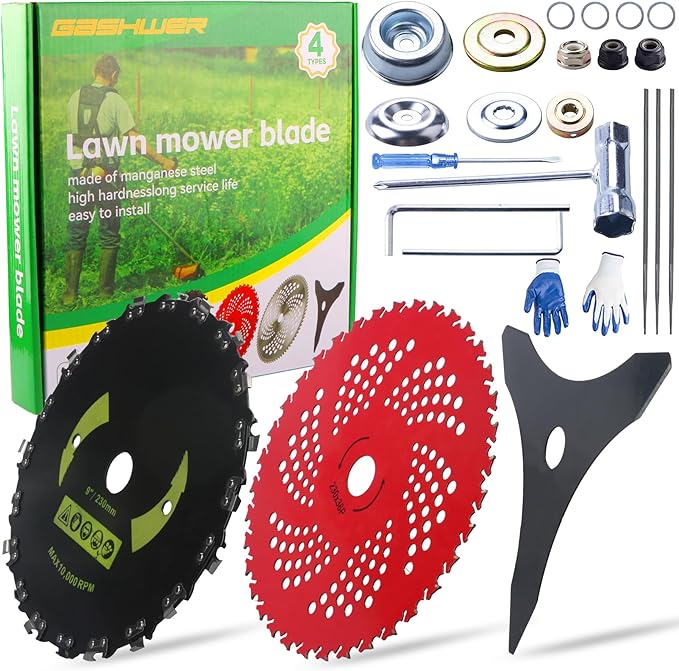 9" x 36 Teeth Carbide Tipped Blades & 9" x20T Carbon Steel Round Chainsaw Tooth Brush Blades & 10" x 3 Teeth Carbon Blades with Adapter Kit