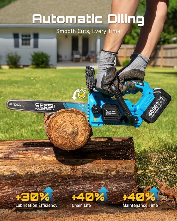 SEESII Electric Chainsaw Cordless 12-inch: Brushless Battery Powered Small Chainsaw, 2 x 4.0Ah Batteries, Auto-Tension and Oiling Mini Chain Saw for Christmas Dad Men Gifts, Tree Cutting Trimming