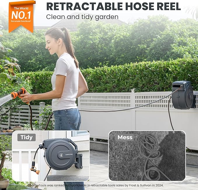 Giraffe Tools AW405/8MB Retractable Garden Hose Reel 5/8" x 90 ft PRO Metal Bracket, Heavy Duty, Any Length Lock Hose Reel, 90ft, Dark Grey