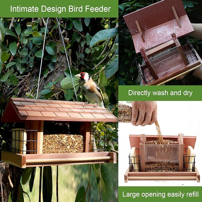 Large Cedar Wood Bird Feeder for Outdoors Hanging With 2 Suet Cages - Waterproof Garden Decoration