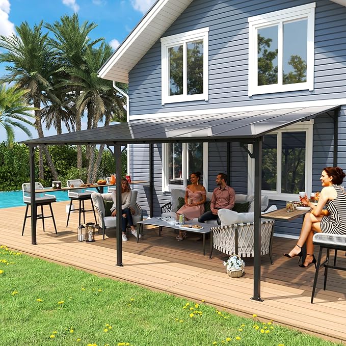 MEISSALIVVE 12' x 16' Wall Mounted Gazebo, Outdoor BBQ Grill Gazebo with Side Shelf, Lean to Metal Awnings with Sloped Roof, Heavy Duty Pergola for Backyard, Deck, Black