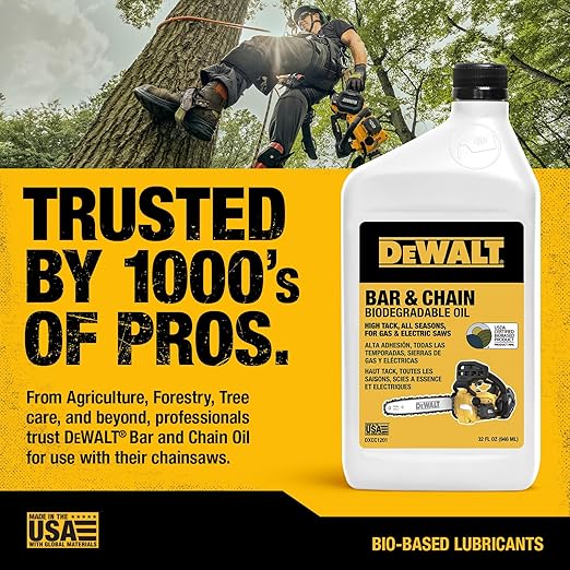 DEWALT – Biodegradable Bar & Chain Oil – Green, Eco-Friendly, Non-Toxic Professional Bar & Chainsaw Lubricant – Ultraclean All-Season Oil for Gas, Electric Saw, and Pole Saw, 32 oz