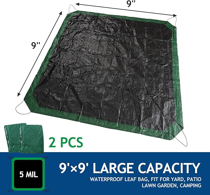 2 Pcs Leaf Tarp 9x9 Feet, Lawn Garden Leaf Tarp with 4 Drawstrings, Reusable Waterproof Poly Tarp Yard Waste Bags, All Purpose Protective Cover for Bikes, Furniture Cover, Tent Footprint