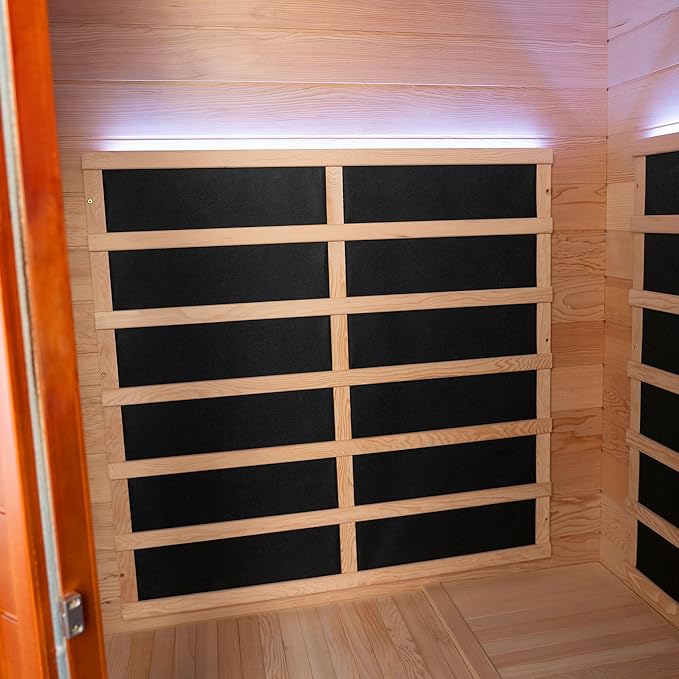 Woodbridge Infrared Sauna Room 2 Person Hemlock Wood Indoor Corner Sauna with 7 Carbon Heaters, Red Light Therapy,Bluetooth Speaker,Intelligent Dual Control System,Tempered Glass,Exterior Brim Light