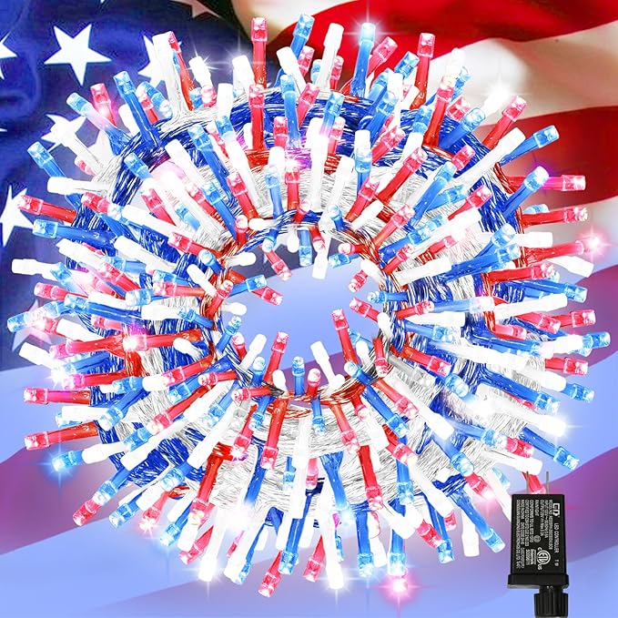 66ft Patriotic String Lights - Red White Blue Mini Lights, 200 LED Transparent Wire Fairy Starry String Lights Plug in, 11 Lighting Modes for Outdoor Tree Party Decoration (Red White Blue)