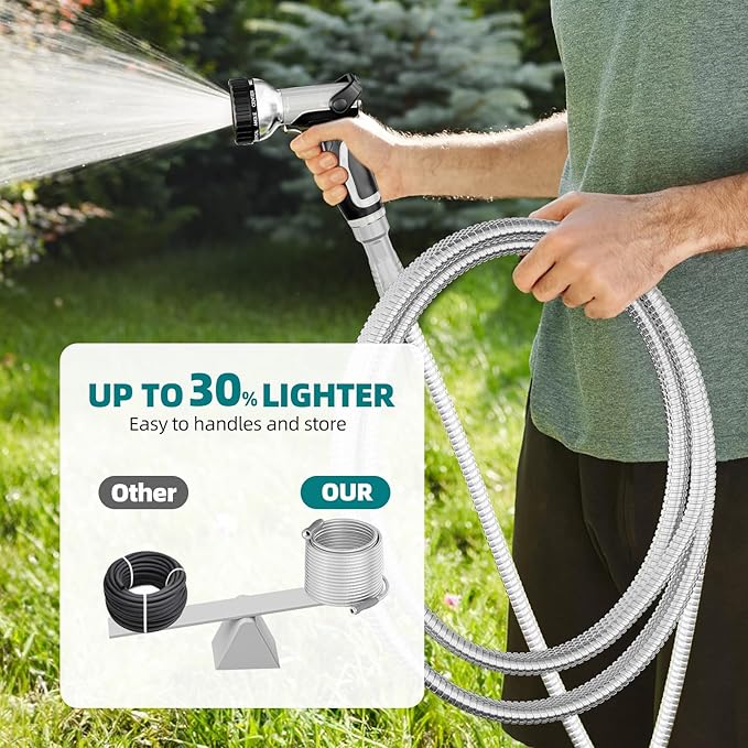 SPECILITE Stainless Steel Garden Water Hose 100 ft with Swivel Handle, Lightweight & Flexible Pipe with Heavy Duty Nozzle for Yard, Outdoor, Lawn