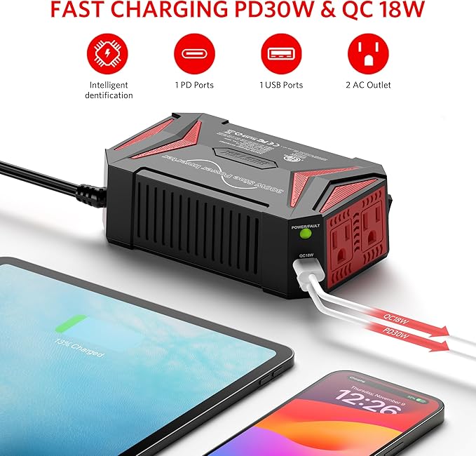 BESTEK 300W Pure Sine Wave Power Inverter - DC 12V to 110V AC Car Converter Plug Adapter Outlet with PD30W USB-C Fast Charger - Vehicle Cigarette Lighter Adapter for Laptop