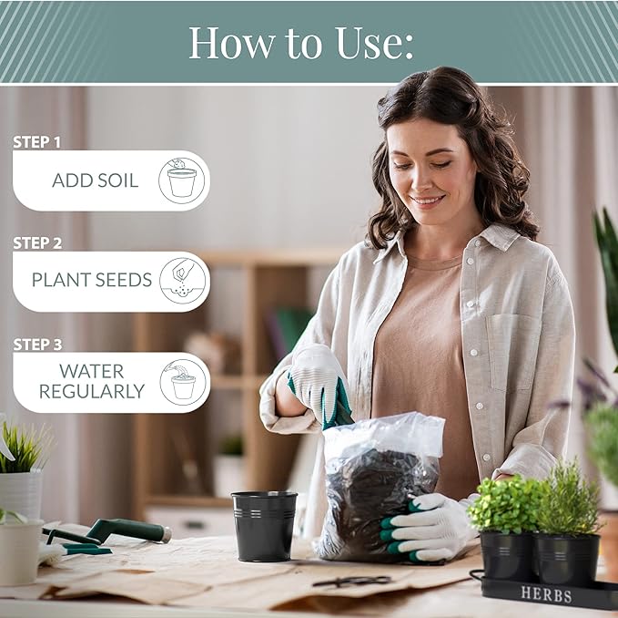 Barnyard Designs Indoor Herb Garden Planter Set with Tray, Metal Windowsill Plant Pots with Drainage for Outdoor or Indoor Plants, Set/3 (Black)