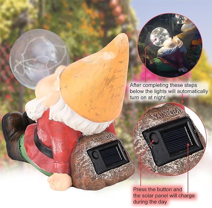 Garden Gnomes Statues Decor Outdoor Large Gnomes Garden Decorations Funny with Solar Light for Yard Lawn