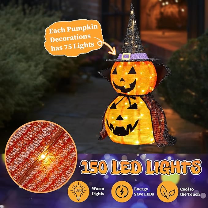AW 2Pcs 3FT Halloween Collapsible Pumpkin LED Jack-O-Lantern Outdoor Decoration