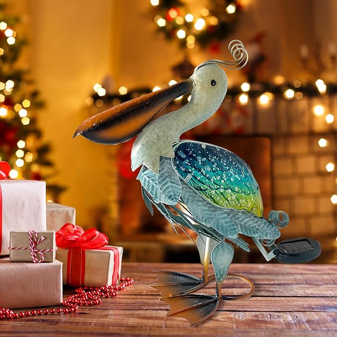 HONGLAND Solar Metal Pelican Statues Garden Sculpture & Statues, 17 Inch Glass Outdoor Pelican Yard Art Coastal Ocean Bird Decor Lawn Ornament for Backyard Porch Patio Decor（Blue-Green）