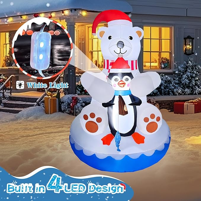 2025 Christamas Inflatable Polar Bear 6FT Polar Bear and Penguin Fishing Christmas Inflatables Outdoor Decoration Xmas Blow Up Decor with 4 Built-in LEDs for Holiday Party Yard Garden Lawn Decor