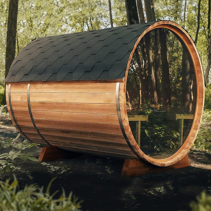 Outdoor Barrel Sauna with Porch, Wood Burning Stove Sauna 4 Person, Large Glass Window, Canadian Hemlock, Chimney Kit, Triple Waterproof System, Double Reinforcement(0-195℉)