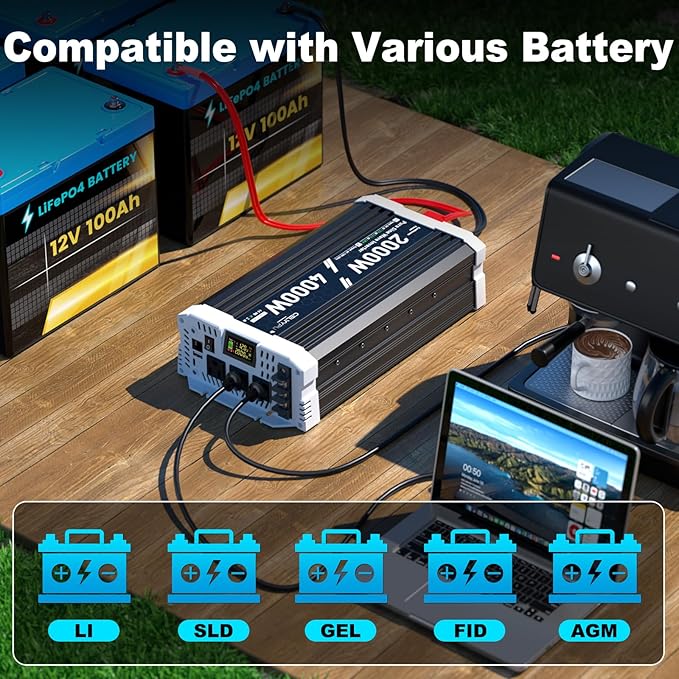 2000 watt Pure sine Wave Inverter, 12V DC to 110V AC Power Inverter, Used for Solar Emergency Power Supply in RV Homes, with 3 AC Output sockets, USB Port, Type-C Port, Remote Control with LCD Screen