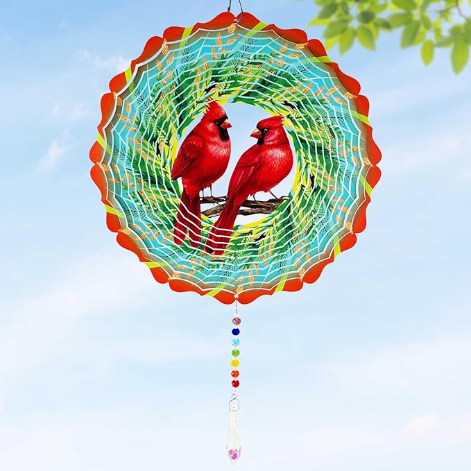 Cardinal Wind Spinner Crystal Tail, Marzovitra 10 inch 3D Stainless Steel Hanging Wind Spinner Metal Wind Catchers Kinetic Sculpture for Indoor,Outdoor Garden Decor,Yard Art