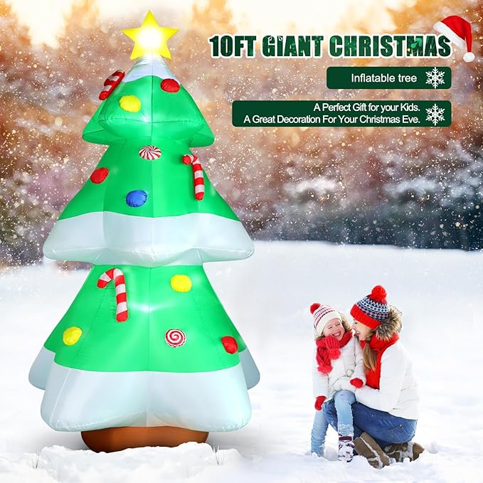 FunFanso 10FT Christmas Tree Inflatables Outdoor Decorations with LED Lights, Giant Blow Up Christmas Tree Yard Decor with Star Treetop & Colorful Candy for Xmas Holiday Party Garden Patio Lawn Decor