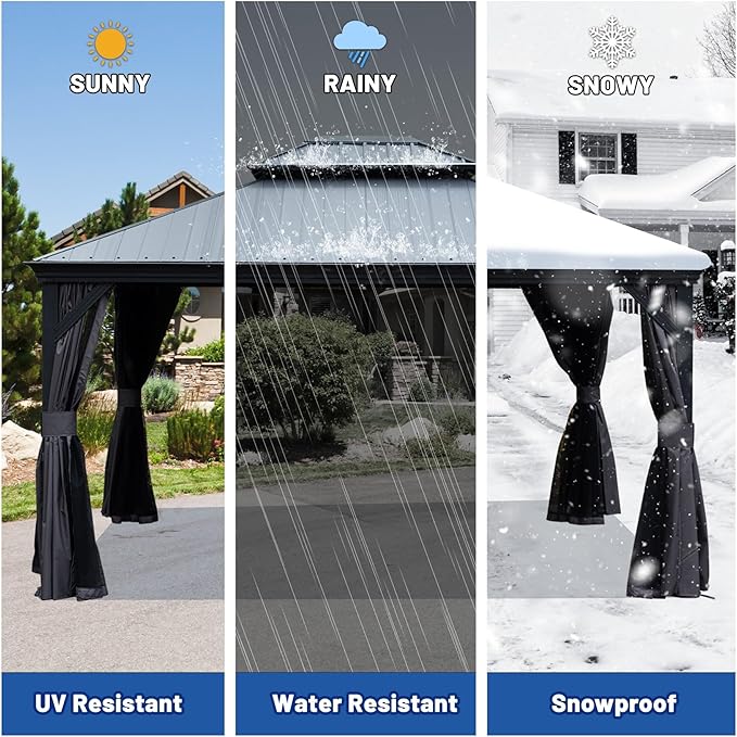 Outdoor Hardtop Gazebo for Patio 10x12FT with Resin-Galvanized Steel Roof, Metal Hard Top Gazebo with Gutters, Heavy Duty Gazebos All Season with Curtains & Netting, for Deck, Backyard, Hot Tub