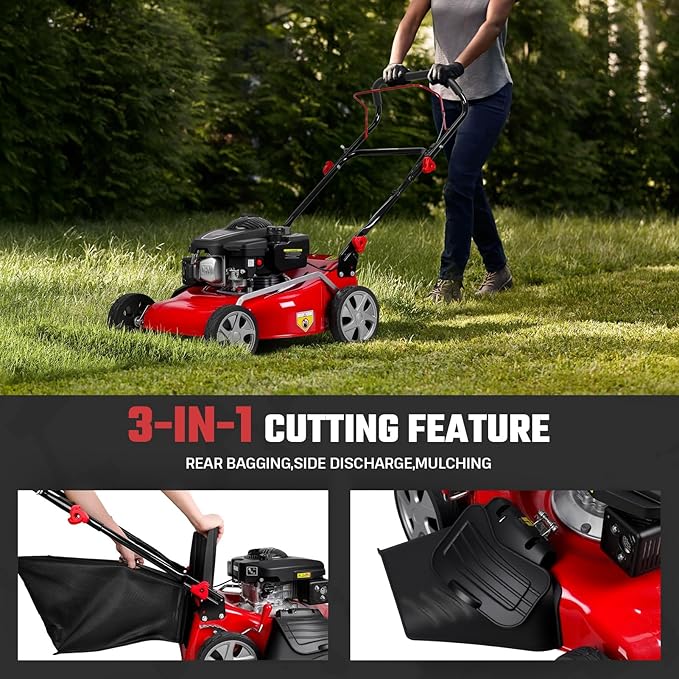 Foldable Self-Propelled Gas Lawn Mower with 131cc 4-Stroke Engine, 3-in-1(Bag/Mulch/Rear Discharge),8 Cutting Heights, Durable Steel Deck, Forced Air-Cooling System