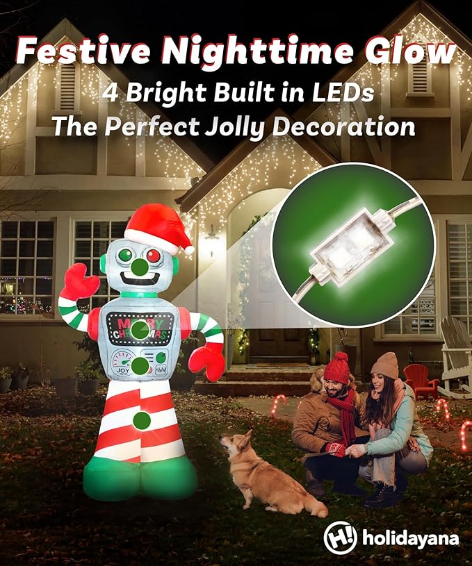 Holidayana 6 ft Christmas Inflatable Robot Yard Decoration - 6 ft Tall Lawn Decoration, Bright Internal Lights, Built-in Fan, and Included Stakes and Ropes