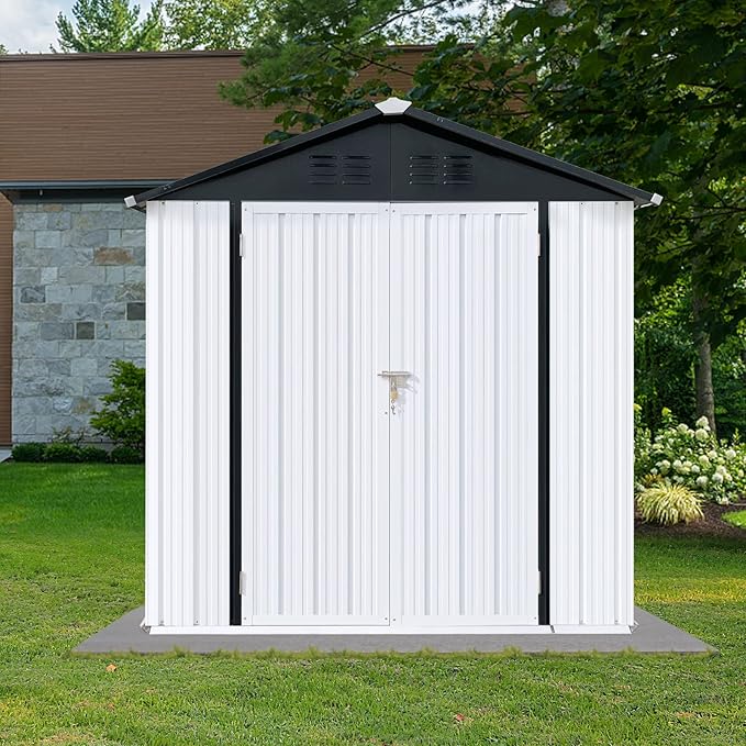 6 x 4 FT Metal Outdoor Storage Shed & Double Hinged Large Door - Heavy-Duty Shed with Floor, Lockable & Ventilation - Rainproof Windproof Large Utility Garden Shed for Backyard Patio Lawn - White