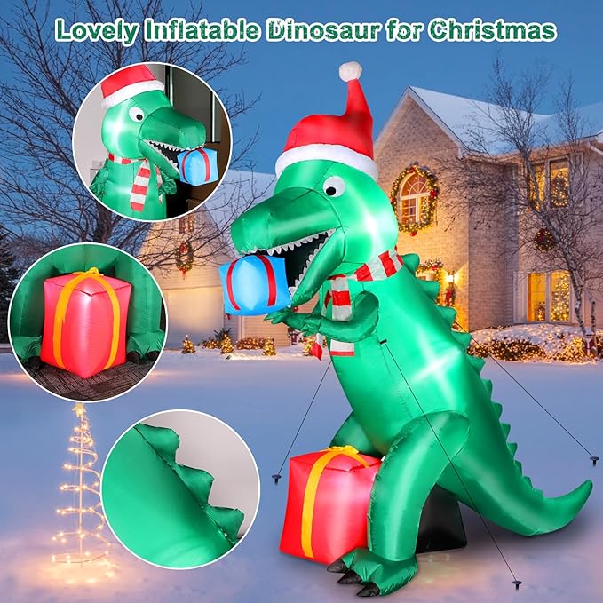 7FT Christmas Inflatables Dinosaur Outdoor Yard Decoration, Christmas Blow Up Giant Dinosaur Holding Gift Boxes with Built-in Bright LED Lights for Xmas Holiday Garden Lawn Yard Party Decor