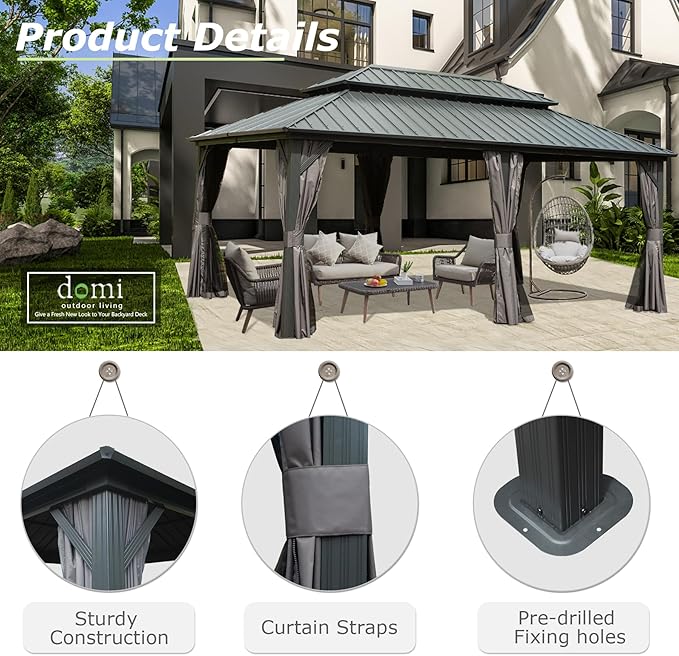 Domi 12' x 18' Hardtop Gazebo Metal Gazebo with Galvanized Steel Double Roof Canopy, Curtains and Netting for Party, Wedding, Outdoor Dining, Patio, Backyard, Grey