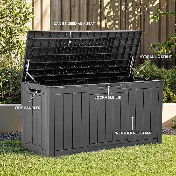 YITAHOME 100 Gallon Resin Deck Box, Weather Resistant Outdoor Storage Box, Lockable Indoor Outdoor Storage for Supplies and Essentials, Dark Gray
