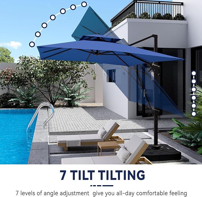 10x13 FT Cantilever Patio Umbrella Double Top Outdoor Rectangular Large Heavy Duty Aluminum Offset Umbrellas with 7 Level Tilt 360-degree Rotation for Pool Garden Deck, Navy