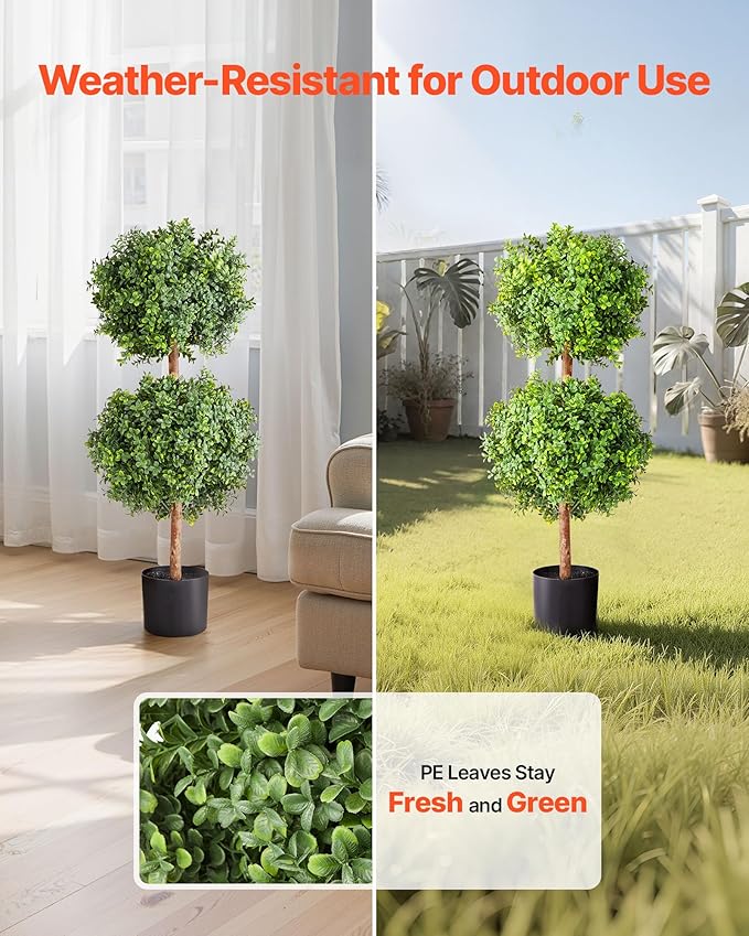 VEVOR Artificial Topiary Boxwood Double Ball, 2 Set 36 inch Faux Boxwood Plant Balls, Fake Silk Tree Look Real, Easy Assembly for Decor Front Porch Outdoor Patio Garden Balcony Backyard Indoor