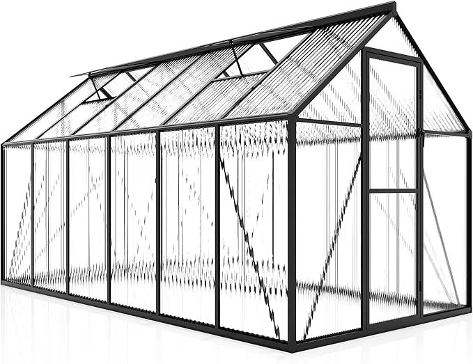 Jocisland 6x12Ft Polycarbonate Greenhouses for Outdoors, 2 Top-Opening Windows, Swing Doors, Aluminum Walk-in Heavy Duty for Outdoor Use, Backyard Garden, Black