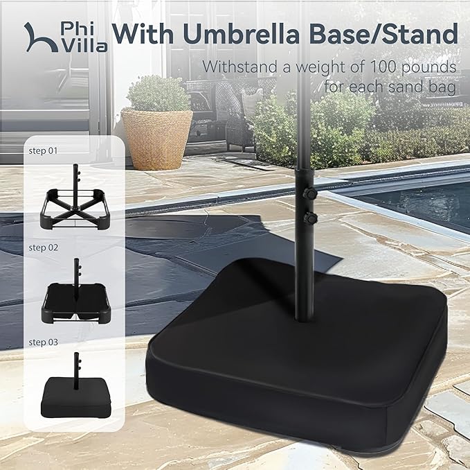 PHI VILLA 15ft Large Patio Umbrellas with Base, Outdoor Double-Sided Rectangle Market Umbrella for Pool Lawn Garden, Light Gray