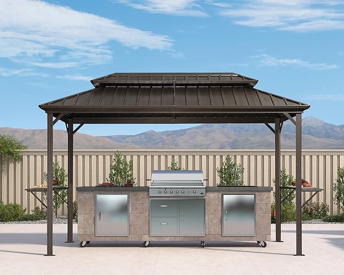 PURPLE LEAF 6.5' X 12' Hardtop Grill Gazebo for Patio Permanent Metal Roof with 2 Side Shelves Deck Yard Tent Aluminum Garden Outside Sun Shade Outdoor BBQ Canopy