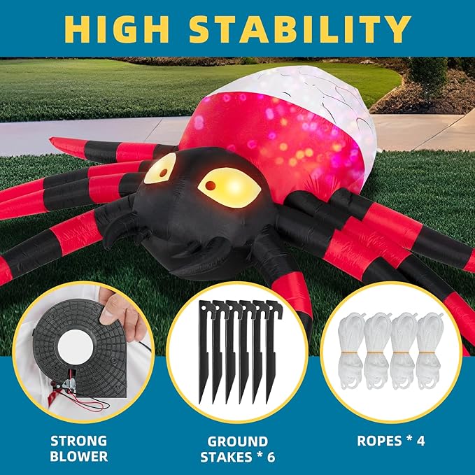 ININ 12FT Giant Halloween Inflatable Spider Decorations Outdoor,Halloween Blow Up Yard Decorations Built-in 8 Rotating LED Lights,Halloween Party Decor,for Garden/Lawn.